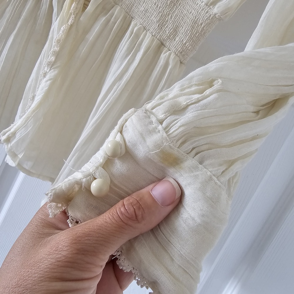 1970s Vintage Sitara San Francisco Ivory Boho Gauze Peasant Lace Blouse #40 - Picture 4 of 12